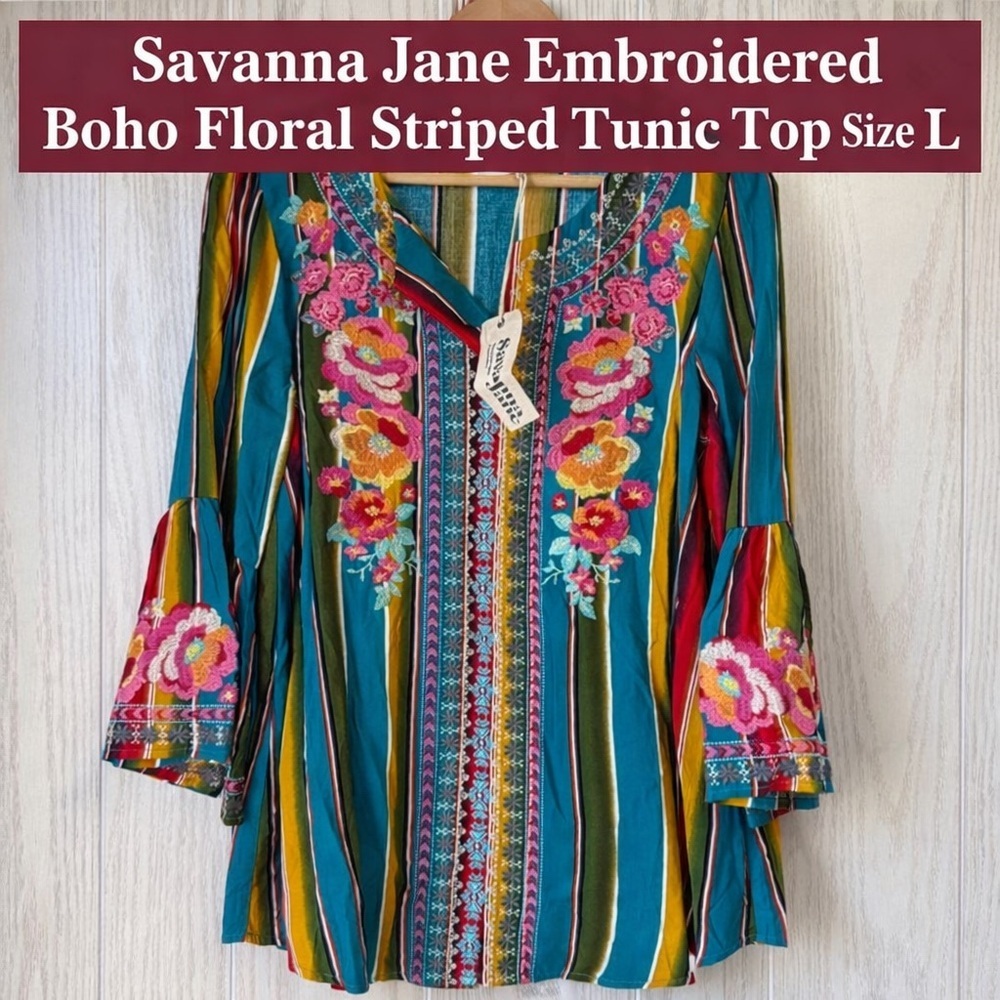 Savanna Jane Embroidered Boho Floral Striped Tunic Top Size L NWT